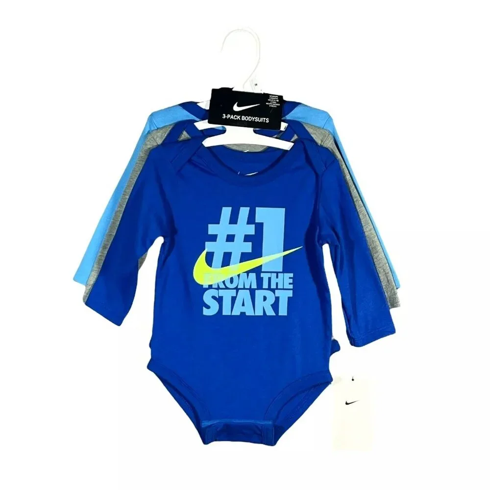 Nike Baby Boy's Long Sleeve Bodysuits Size 3-9 Months Blue/Multicolor 3-Pack Set